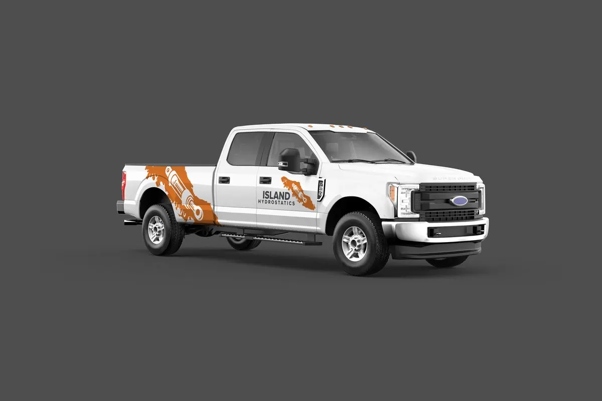 Island Hydrostatics logo on Ford F250 pickup truck wrap