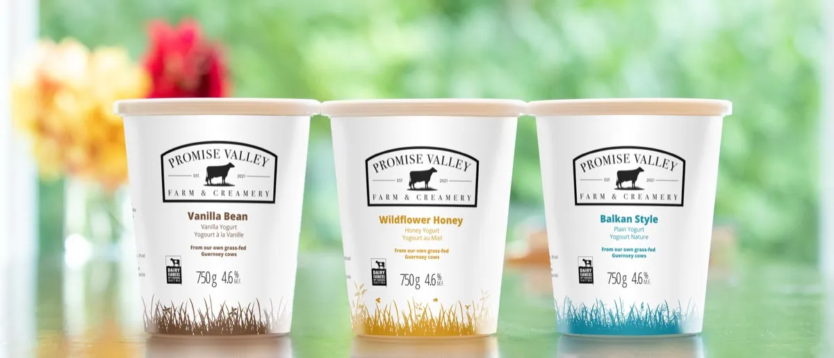 Promise Valley Farm and Creamery logo on yogurt container packaging